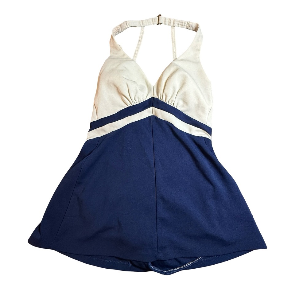 Vintage 70s ILGWU Nautical Swim Dress Navy Blue Cream Halter Swimsuit Size 10 14